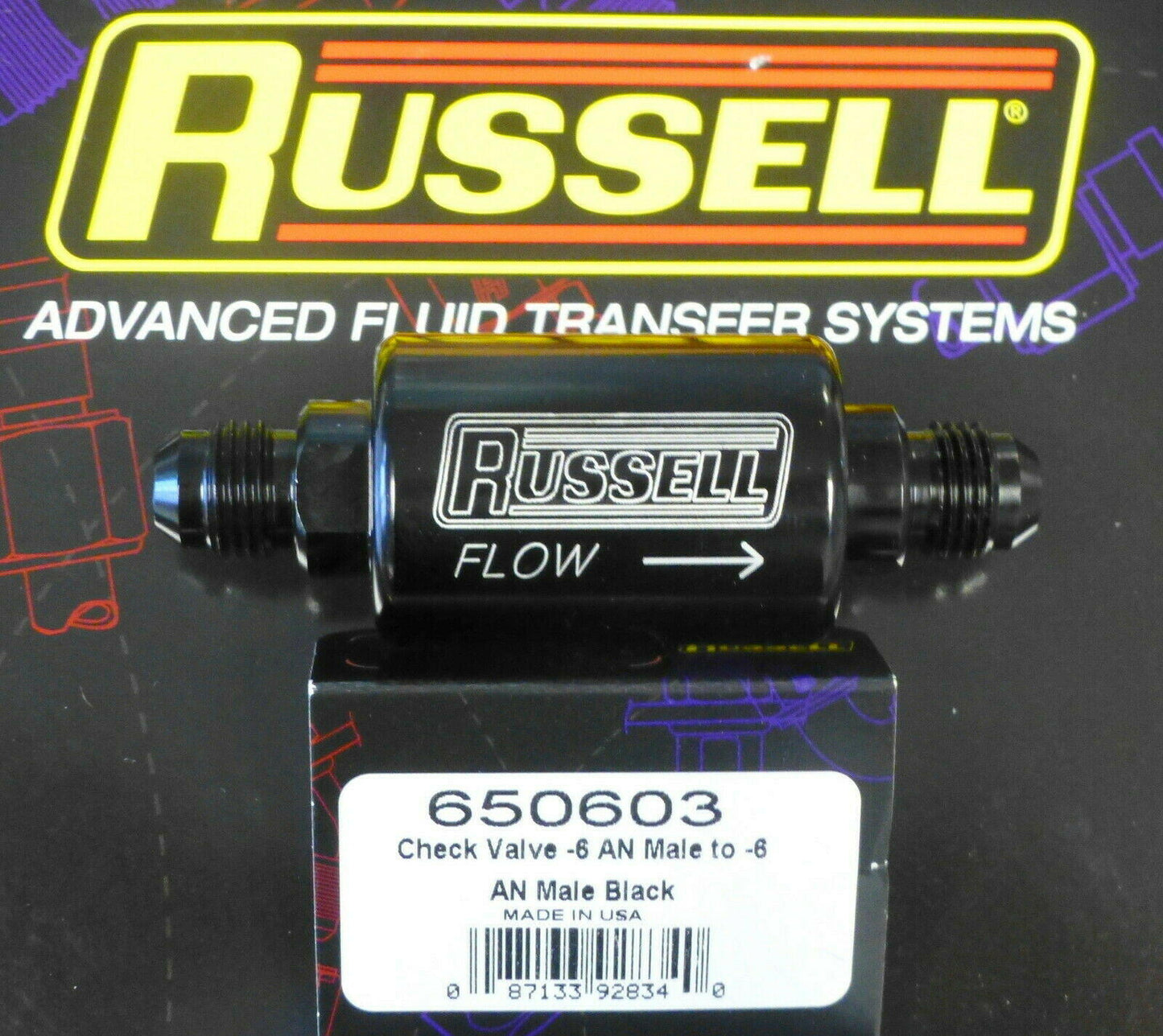 Russell 650603 In Line Fuel Check Valve -6 AN Male Inlet Outlet Black Anodized