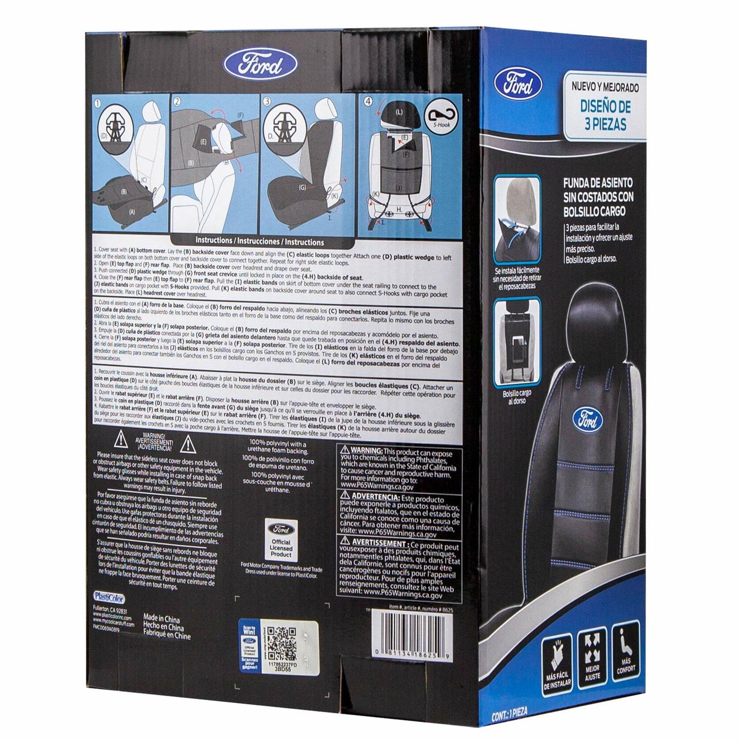 Ford Seat Cover Logo Contrast Stitching 3 Piece Sideless Car Truck SUV Black