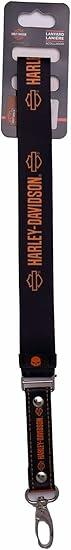 Harley Davidson 4412 Polyester Lanyard Faux Leather Strap 16.5” Black & Orange