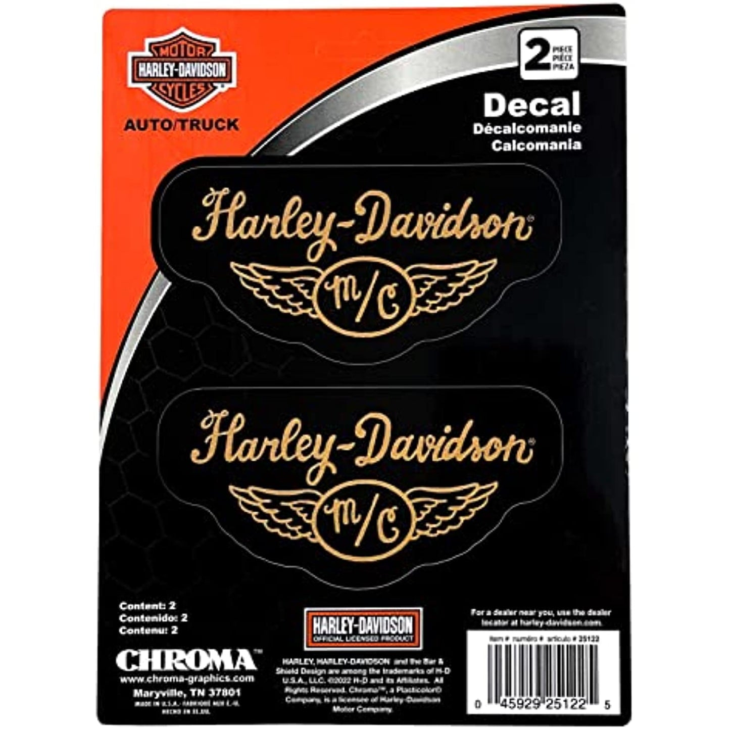 Harley-Davidson M/C 25122 Vintage Winged Motorcycle Gold Scripted Decal Logo