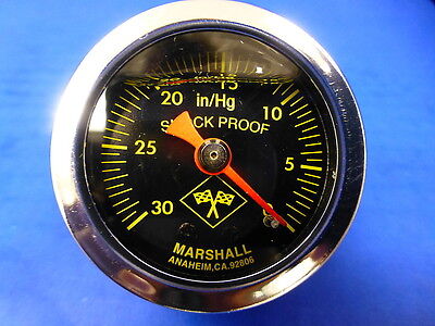 Marshall Gauge 0-30 Hg Vacuum 1.5" Midnight Chrome Liquid Filled Shock Proof 1/8