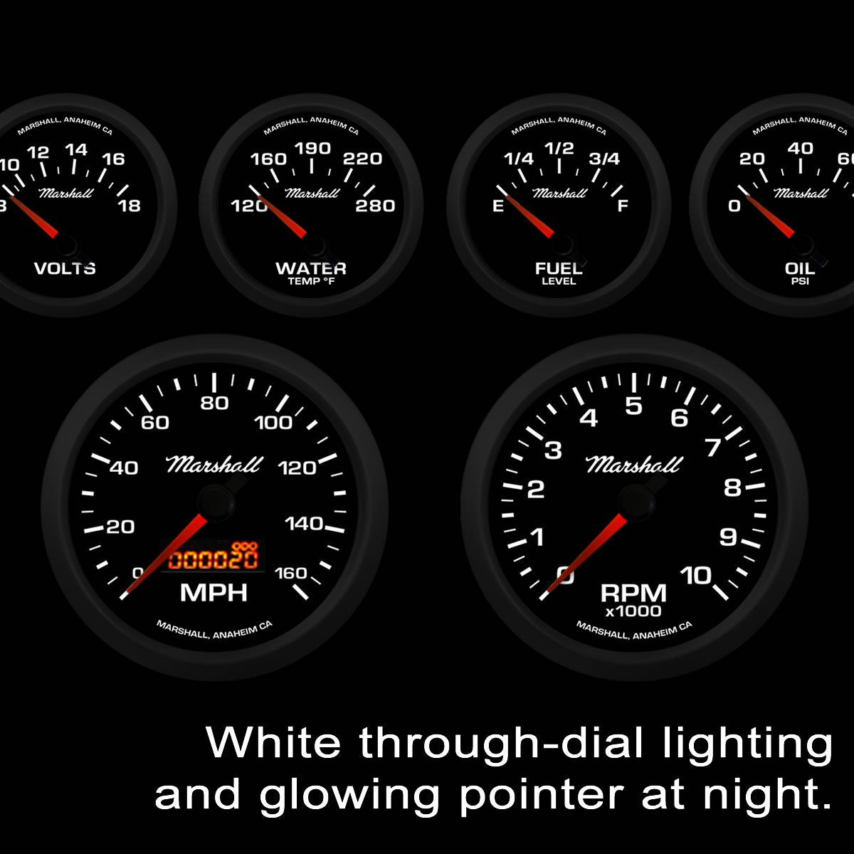 Marshall 6 Gauge Set Comp 2 LED Electric Speedo Black Dial Alu Bezel Sport Comp