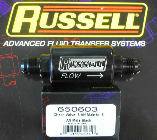 Russell 650603 In Line Fuel Check Valve  -6 AN Male Inlet Outlet Black Anodized