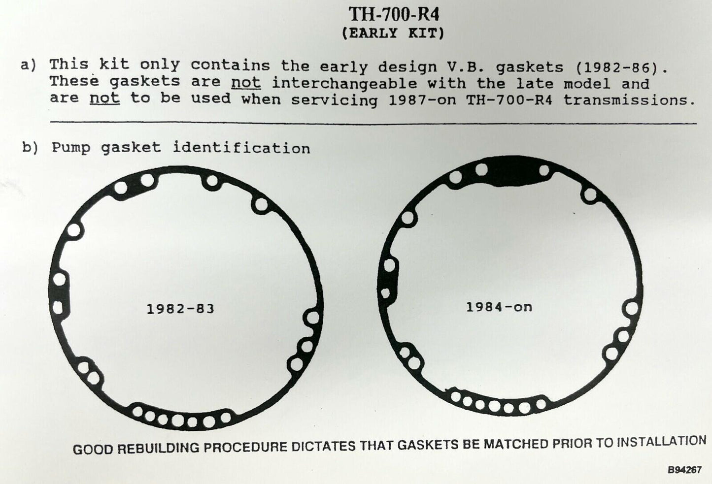 GM TH700R4  4L60 1982-84 Alto Transmission Master Rebuild Kit Red Eagle Kolene