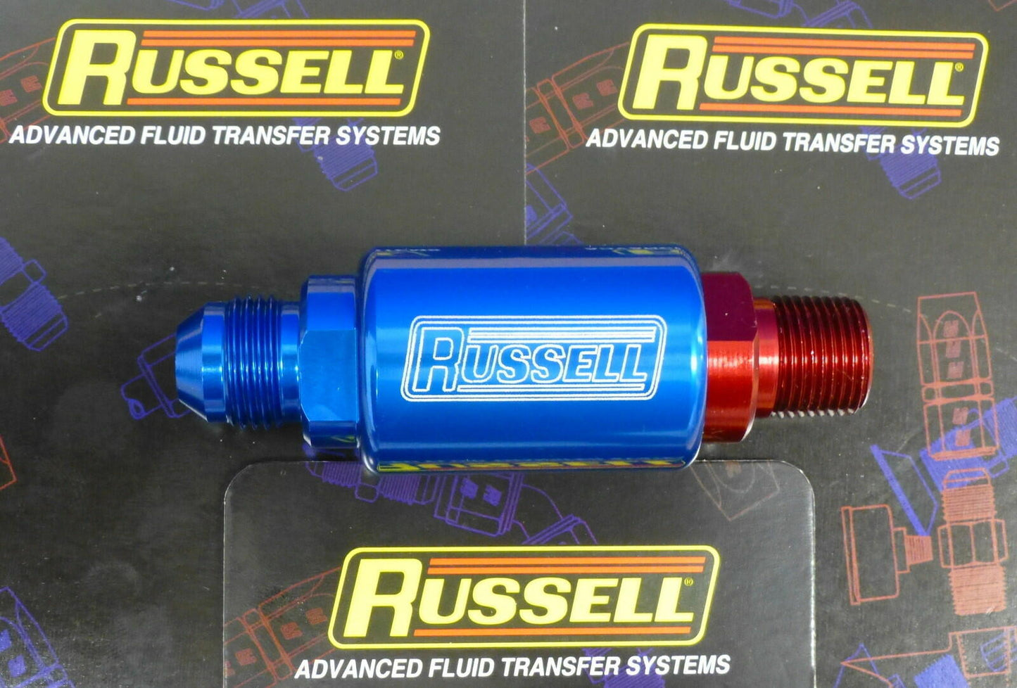 Russell 650170 Competition Fuel Filter -8 AN Male Inlet 3/8" NPT Outlet Red Blue
