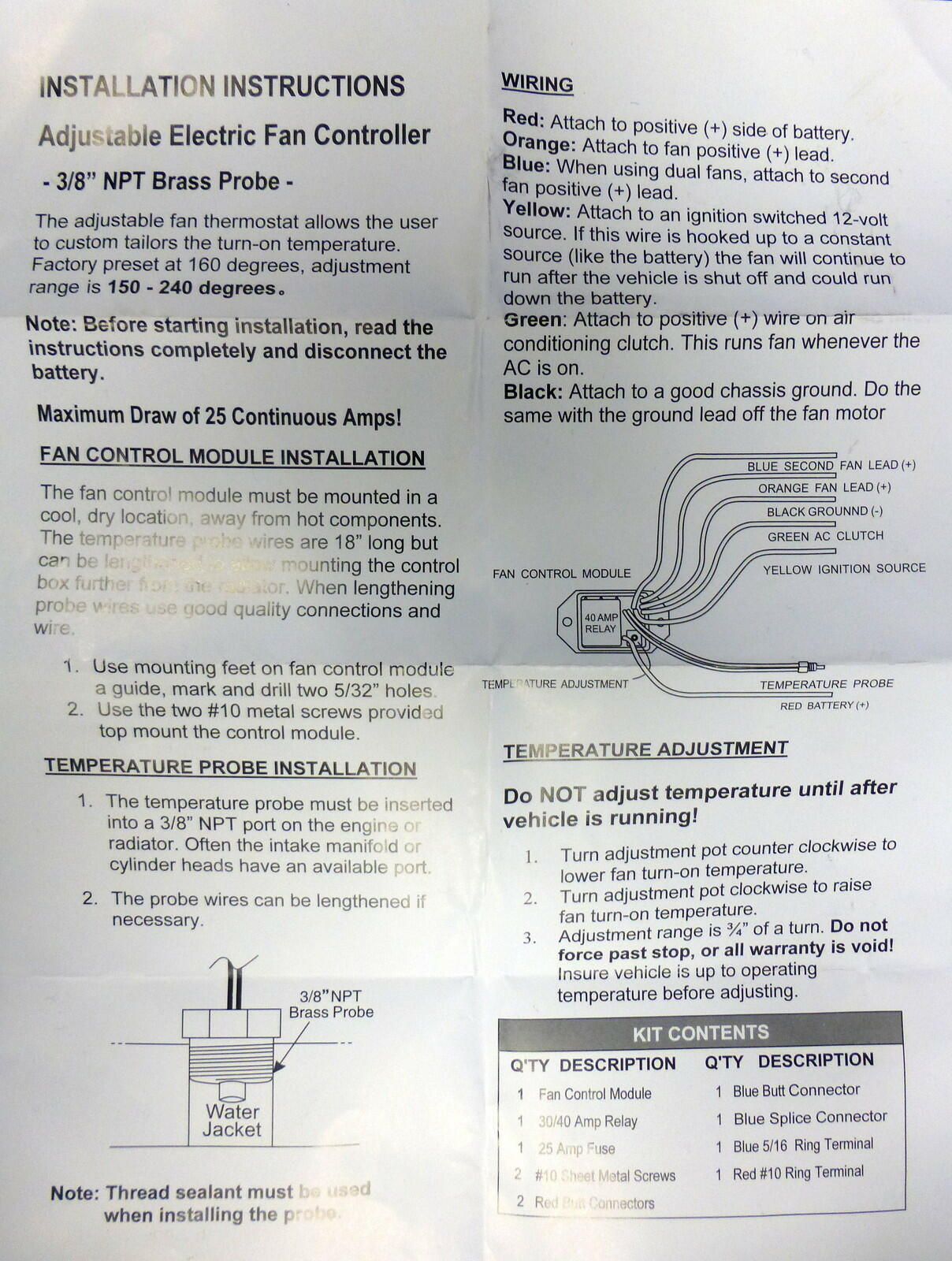 Proform 69599 Adjustable Electric Fan Controller Kit  Push In Probe with Relay