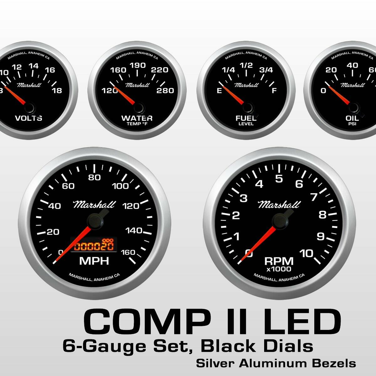 Marshall 6 Gauge Set Comp 2 LED Electric Speedo Black Dial Alu Bezel Sport Comp