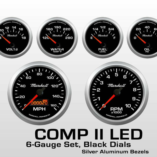 Marshall 6 Gauge Set Comp 2 LED Electric Speedo Black Dial Alu Bezel Sport Comp
