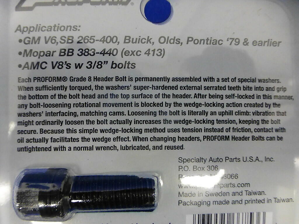 Proform 66753 Wedge Locking Header Bolt Chevy SB, Mopar BB 383 400 440 AMC V 8