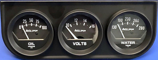 Auto Meter Autogage 2348 Black Three Gauge Consol Oil Pressure Volt Water Temp