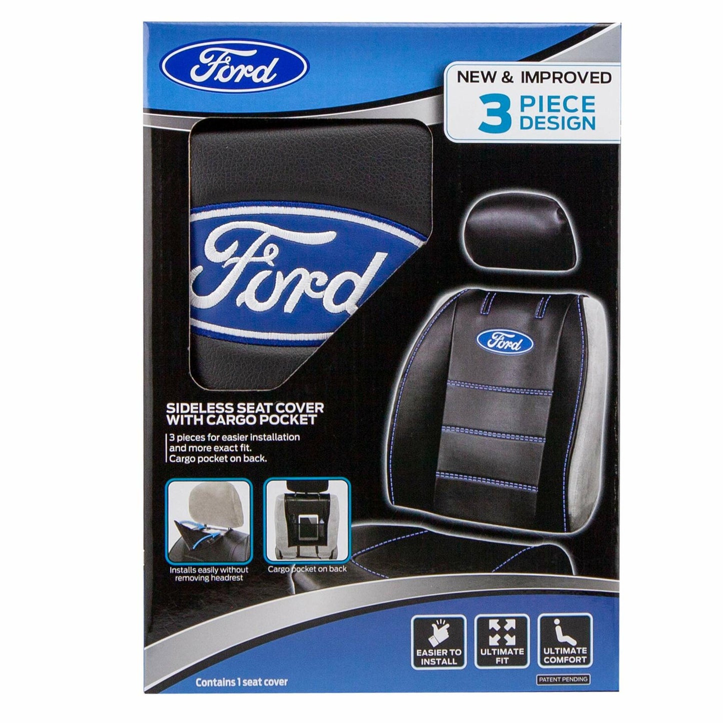 Ford Seat Cover Logo Contrast Stitching 3 Piece Sideless Car Truck SUV Black