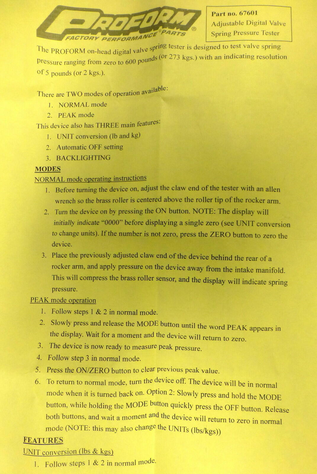 Proform 67601 Digital Adjustable Valve Spring Pressure Tester Range 0-600 lbs