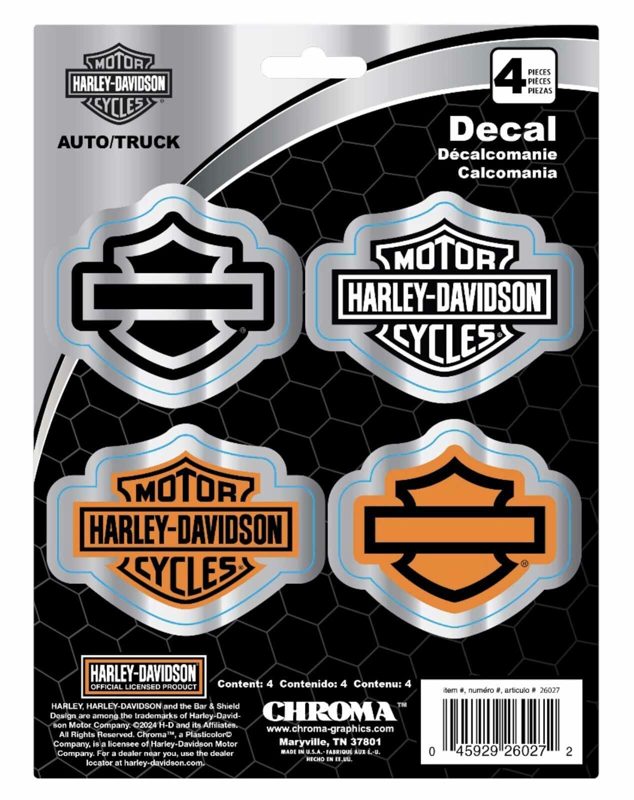 Harley-Davidson 4-Piece Chromed Bar & Shield Logo Decals - Silver / Orange