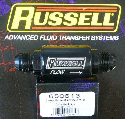 Russell 650613 In Line Fuel Check Valve  -8 AN Male Inlet Outlet Black Anodized