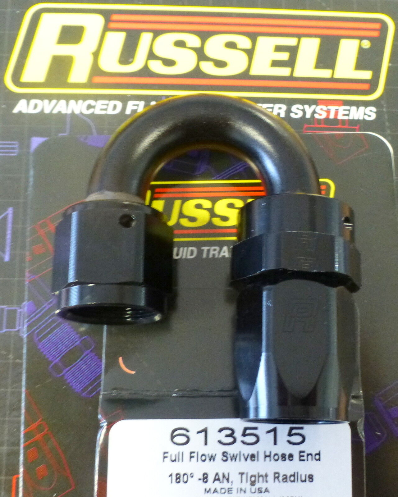 Russell 613515 Full Flow Swivel Hose End Fitting 180 Deg AN8 # 8 8AN Black