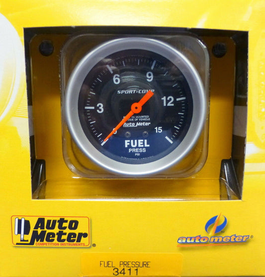 Auto Meter 3411 Sport Comp  Mechanical Fuel Presure Gauge 0-15 PSI 2 5/8" Black