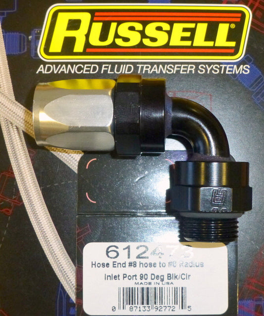 Russell 612473 Radius Hose End Fitting 90 degree 8 ORB Radius Port to 8AN Hose