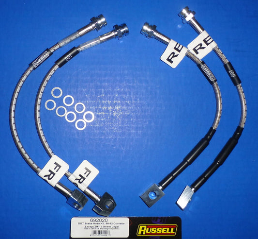 Russell 692020 Stainless Steel Braided Brake Line Hose Kit Corvette 1988-92