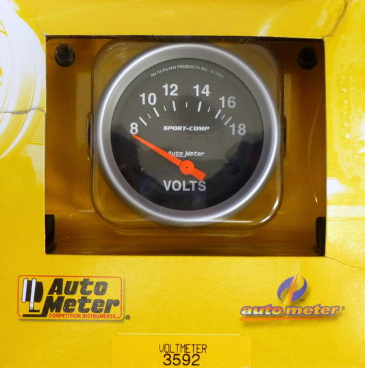 Auto Meter 3592 Sport Comp Voltmeter Volt Meter Gauge 2 5/8  8 - 18 Volts