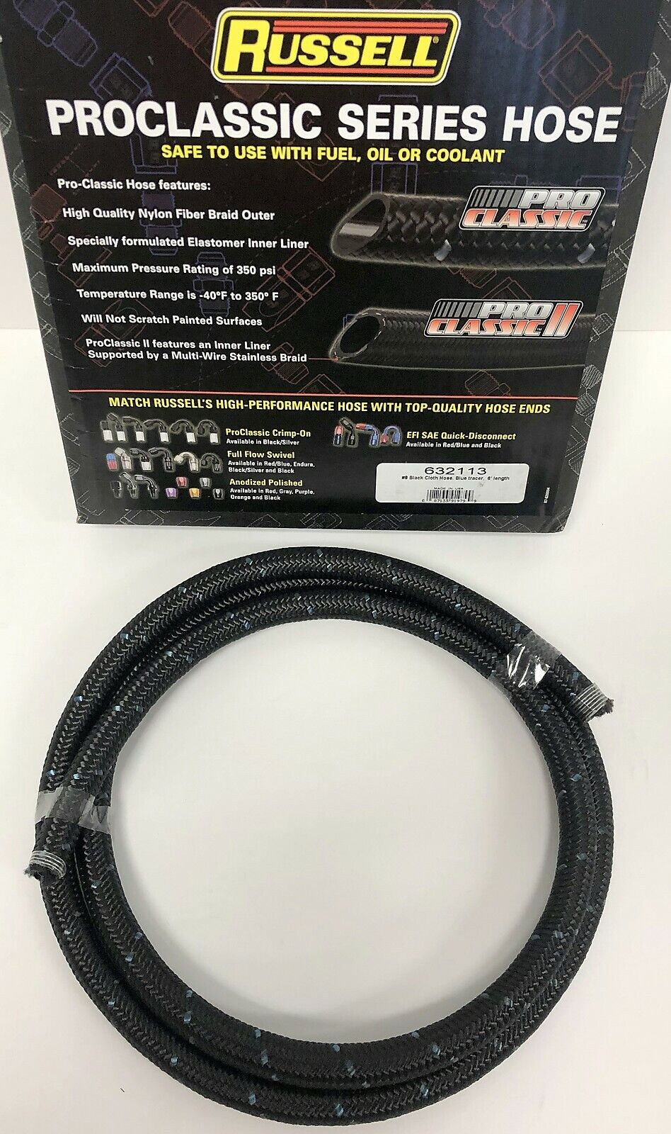 Russell 632113 Proclassic Black Braided Nylon Hose - 8 AN 6" Fuel Oil Gas Line