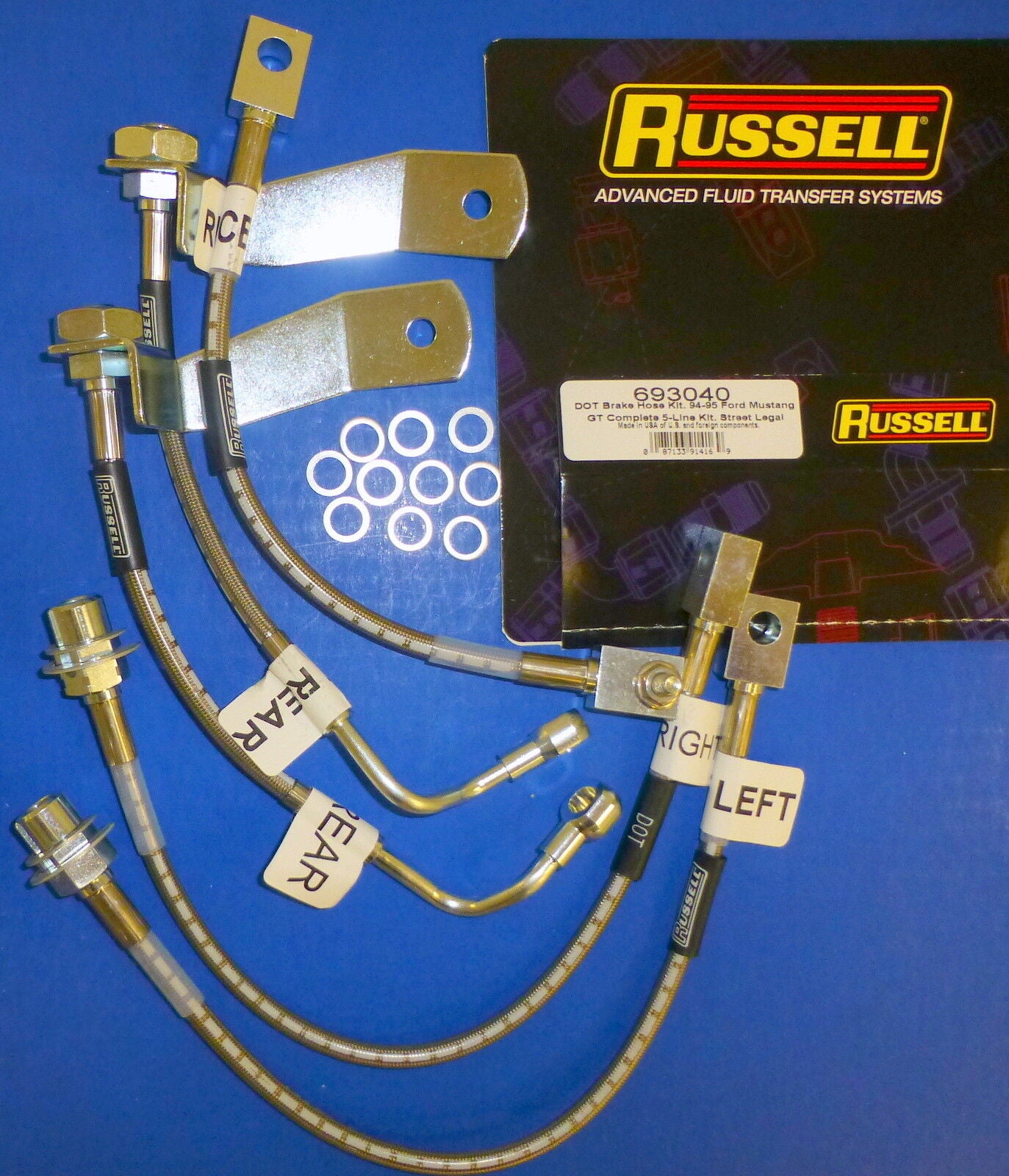 Russell 693040 Stainless Steel Braided Brake Line Hose Kit Mustang GT 1994-1995