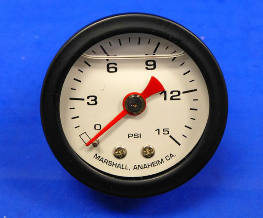 Marshall Gauge 0-15 PSI Fuel Oil Gas Pressure White Black Casing 1.5" Liquid