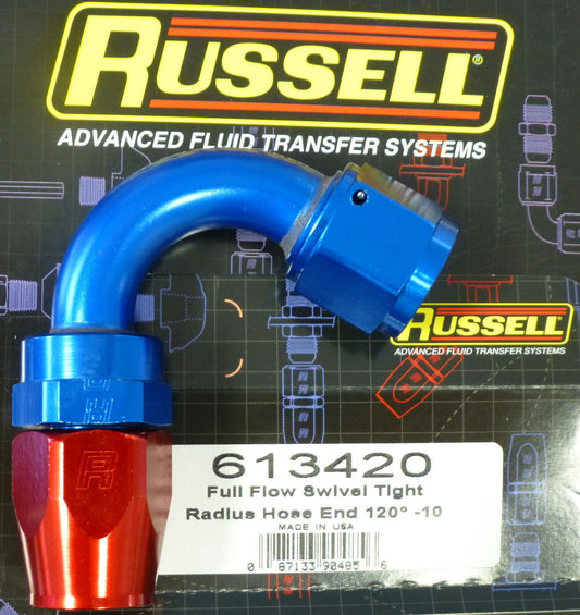 Russell 613420 Full Flow Swivel Hose End Fitting 120 Deg AN10 #10 10AN Red Blue