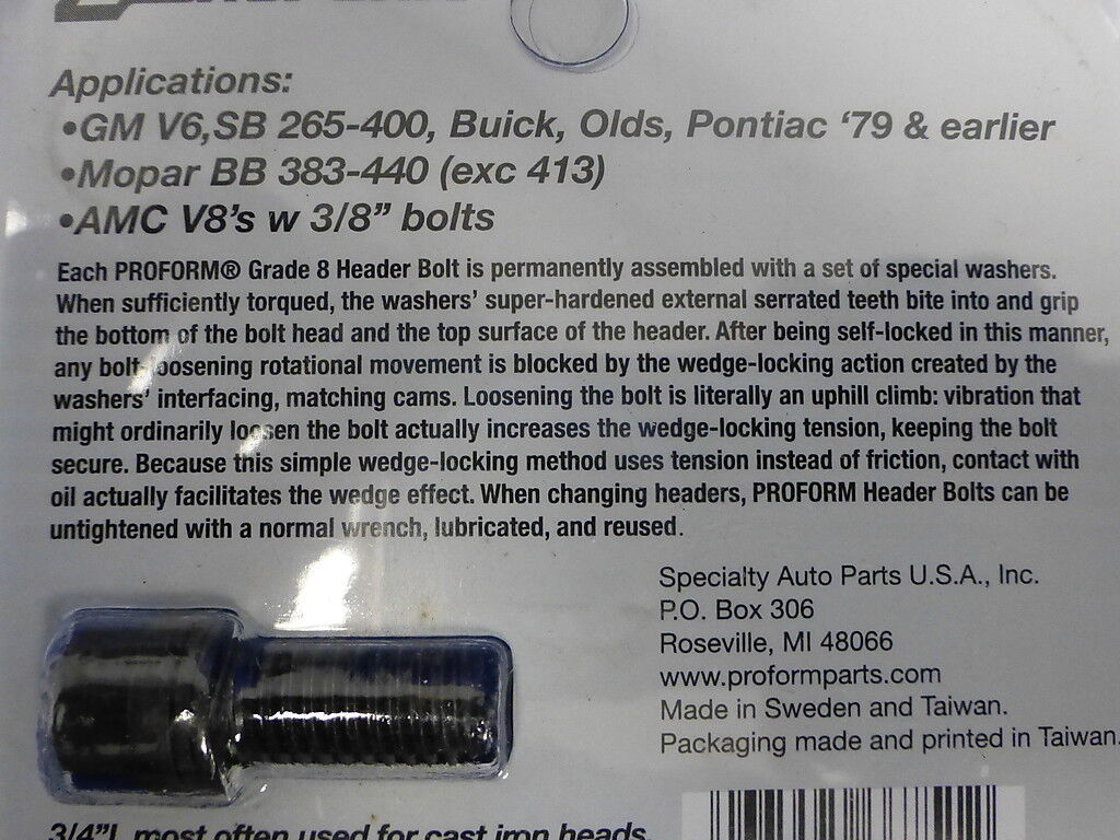 Proform 66751 Wedge Locking Header Bolt Chevy SB, Mopar BB 383 400 440 AMC V 8