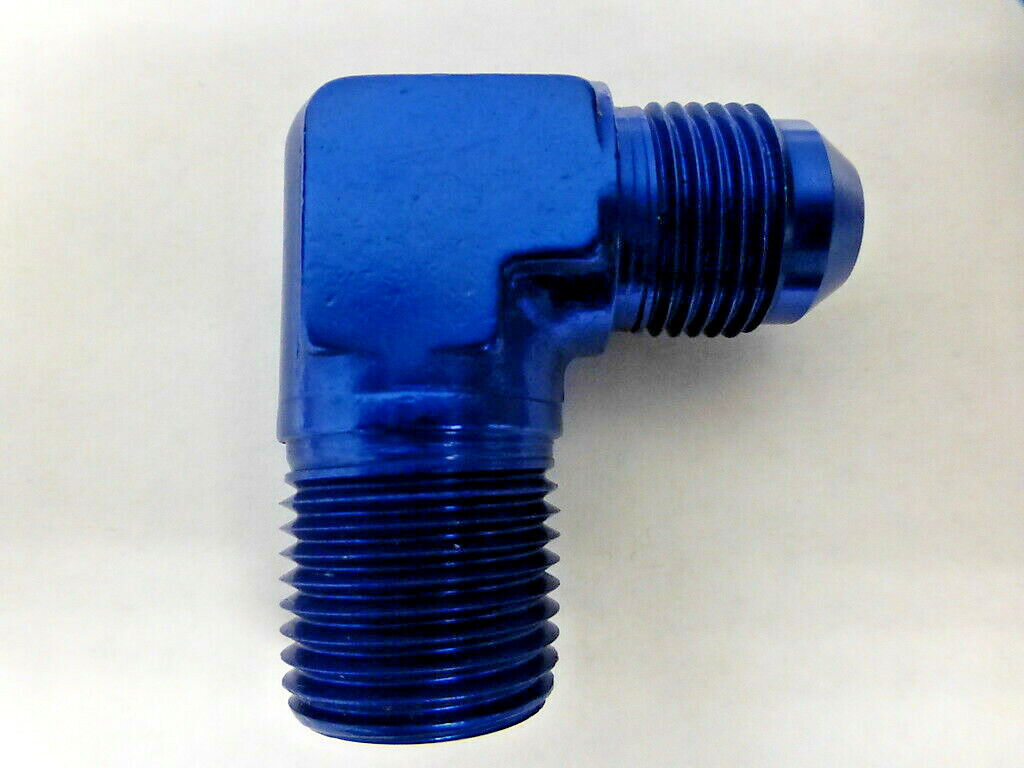 Russell 660870 90 Degree Male Adapter Fitting AN8 8AN Flare to 1/2 NPT Pipe Blue