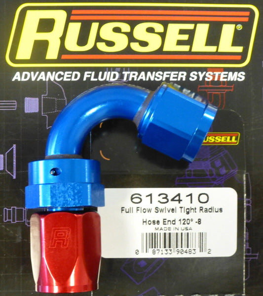 Russell 613410 Full Flow Swivel Hose End Fitting 120 Deg AN8 # 8 8AN Red Blue