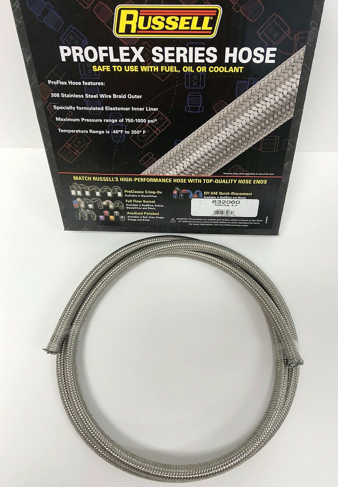 Russell 632060 ProFlex Braided Stainless Steel Hose - 6 AN 6' Fuel Oil Gas Line