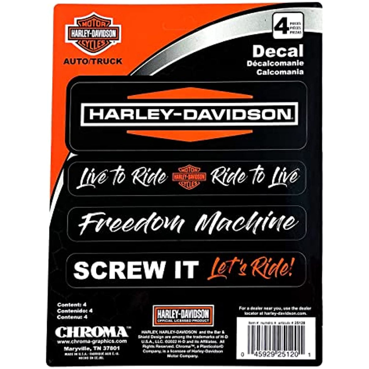 HarleyDavidson 25120 4pc Slogans Decal Kit Live To Ride, Freedom Mach European Pro Corporation