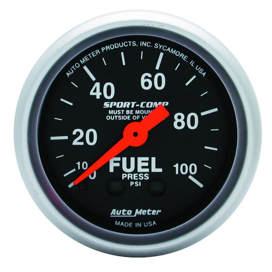 Auto Meter 3312 Sport-Comp Mechanical Fuel Pressure Gauge 0-100 psi, 2-1/16"