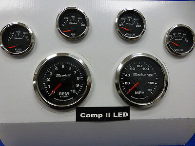 Marshall 6 Gauge Set Comp 2 LED Electric Speedo Black Dial  SS Bezel Sport Comp