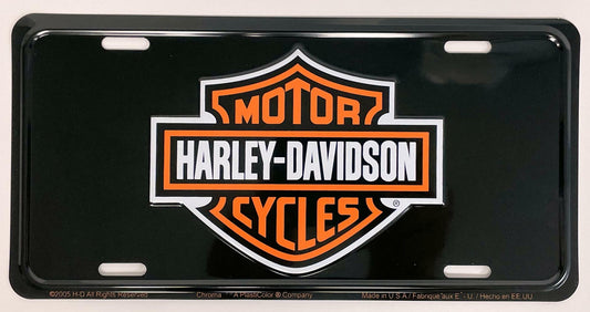 Harley Davidson Bar and Shield Orange Logo on Black Aluminum License Plate Tag